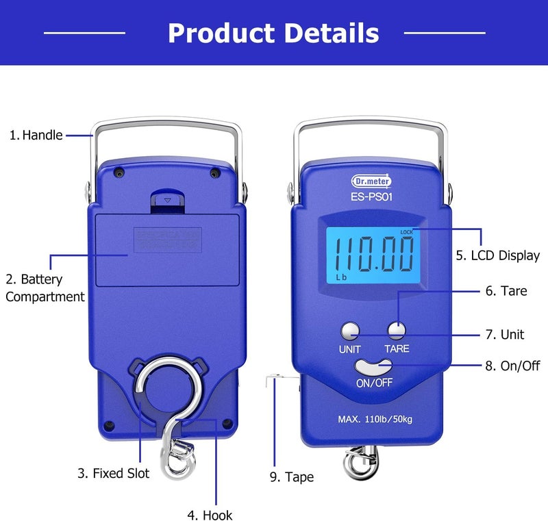 Dr.Meter Fish Scale Luggage Scale Fishing Gear - 110lb Backlit LCD Display Digital Scale with Built-in Measuring Tape - Fishing Scale with 2 AAA Batteries, Pocket Size - Fishing Gifts for Men - Image 4